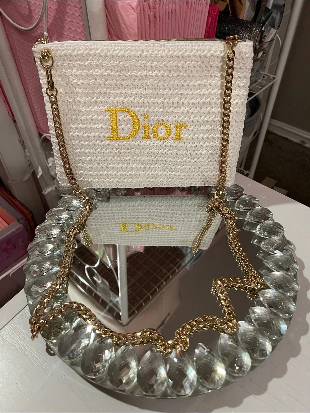 Dior Woven Pouch w-Logo and Gold Chain Attached